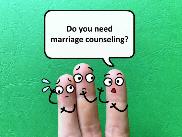 Three fingers are decorated as three person. One of them is asking another if they need marriage counseling.