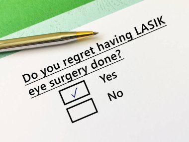 A person is answering question about eyes. He is regret having LASIK eye surgery done.