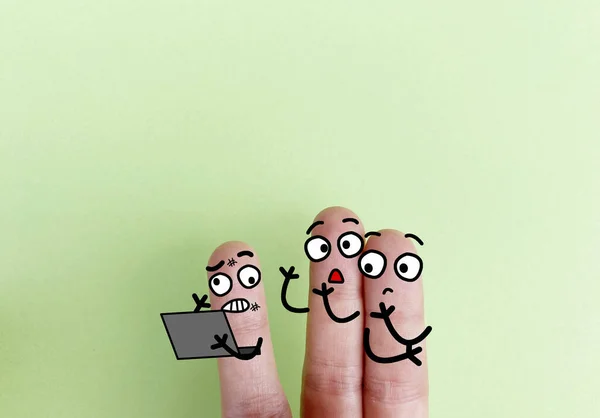 Three fingers are decorated as three person. This is suitable to be used for anything about cybersecurity and cyberbullying.