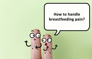 Two fingers are decorated as two person. One of them is asking another how to handle breastfeeding pain.