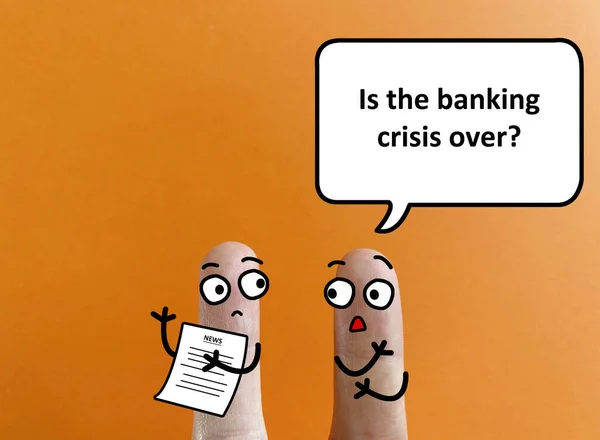 Two Fingers Decorated Two Person Dicussing Banking Crisis — Stock Photo, Image