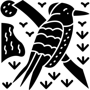 Beyaz arka planda yaprakları olan sevimli siyah beyaz kuşun ahşap kesim çizimi