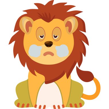 Üzgün gözlü sevimli çizgi film aslanı. Beyaz üzerine izole edilmiş düz bir karakterin vektör çizimi