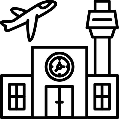 Havaalanı binasında saat ve uçak var.