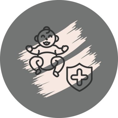 Sağlık kalkanıyla gülümseyen çizgi film bebeği.