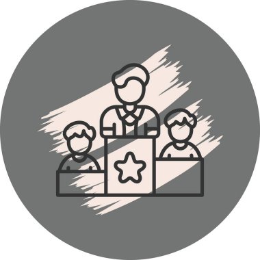 Podyumda iki çocukla konuşan adam.