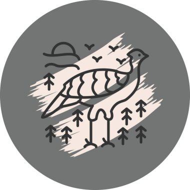 Ağaçların ve bulutların arasında duran stilize kuş