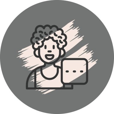Smiling person using computer with speech bubble