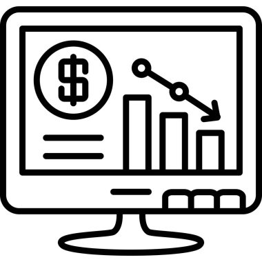 Ekonomik gerilemeyi ya da kaybı temsil eden dolar sembolü, bar tablosu ve aşağı eğimli ok ile finansal konsolu gösteren dijital monitör