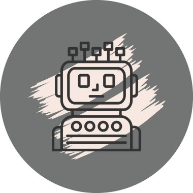 Robot head icon with antenna-like nodes and a screen face, featuring a vibrant purple-to-yellow gradient outline suitable for apps or web pages