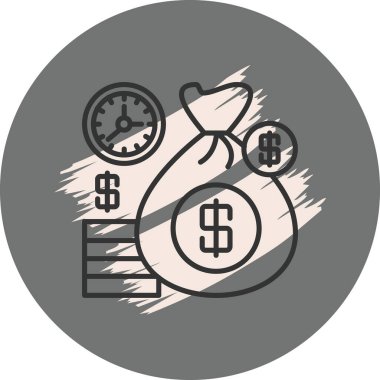 Zenginlik birikimi, zaman yönetimi ve yatırım büyümesini temsil eden bir para çantası, saat ve istiflenmiş paraların yer aldığı mali bir illüstrasyon.