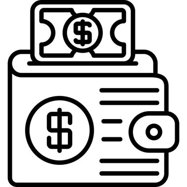 Dolar banknotu ve tasarruf, kişisel finans yönetimi veya dijital ödeme hesabını temsil eden madeni para sembolleriyle cüzdanın minimalist simgesi