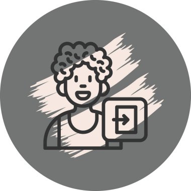 Gülümseyen kişi çıkış işareti çizimi gösteriyor