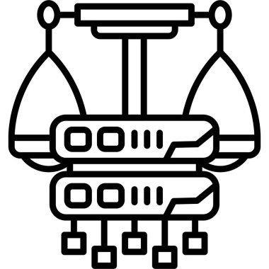 Denge ölçekleri ve bağlantı düğümleri içeren veri sunucusu simgesi, finansal veri yönetimi uygulamaları veya hukuki teknoloji web sayfaları için uygundur.