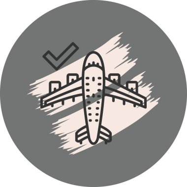 A simple line illustration of an airplane with a magnifying glass in a circular frame, suitable for searching flights or tracking aircraft in travel applications.