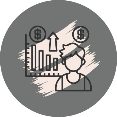 Yükselen çubuk grafiği ve finansal uygulamalar için para birimi sembolleri olan bir adamın basit bir çizgi çizimi.