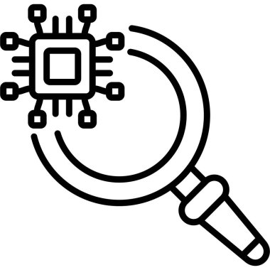 Magnifying glass icon highlighting a microchip with surrounding connection nodes, suitable for hardware diagnostic apps or technology research web pages.