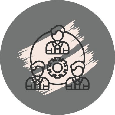 Dairesel amblem, takım çalışmasını ve endüstriyel işbirliğini sembolize etmek için gri ve pembe arka planda büyük teçhizatları çevreleyen resimli adamları gösteriyor..