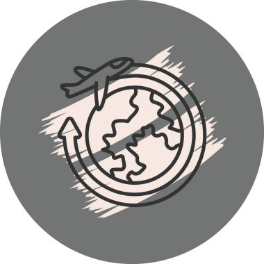 Seyahat dünyası grafikleri uygulamaları veya turizm web sayfaları için uygun bir dünya, uçak ve dairesel ok gösteriyor.