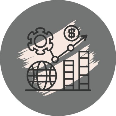 Kavramsal bir finansal büyüme çizelgesi, bir küre, dişliler, bar grafikleri ve bir dolar işareti ile yukarı doğru bir ok gösteriyor..