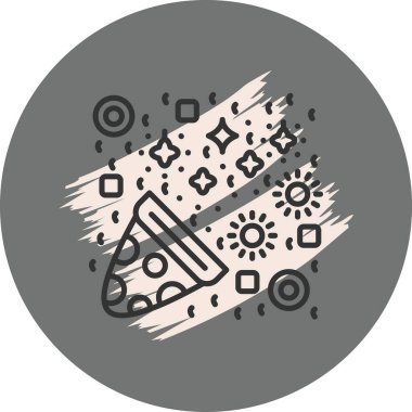 Renkli dekoratif elementlerle çevrili pizza dilimi