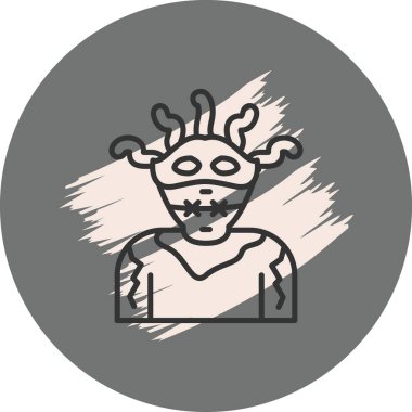 Bandajlı ve vahşi saçlı soyut bir figür.