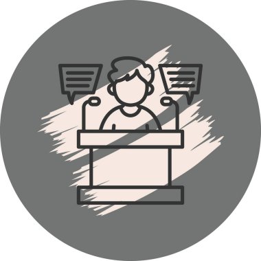 Konuşma baloncuklarıyla podyumda konuşan kişi