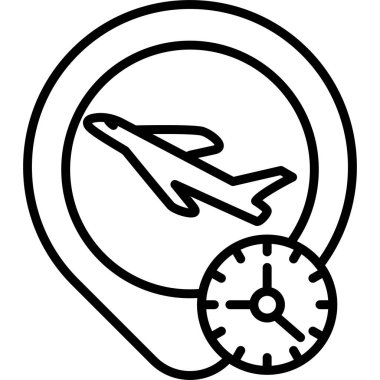 Uçuş takibi veya seyahat uygulamalarındaki varış zamanı bilgisi için uygun konum işaretleyicisi ve saate sahip bir uçağın basit bir çizgisi çizimi.