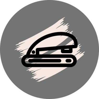 Minimalist çizgi simgesi, ofis malzemelerini ve belge yönetimini temsil eden açık gri arkaplan üzerinde beyaz dairesel düğme içinde tek bir zımba içerir.