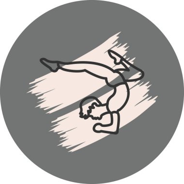 Minimalist çizgi ikonu, erkek figürünün dairesel düğme içinde poziyon vermesi gelişmiş fitness, denge ve atletik gücü temsil eder..