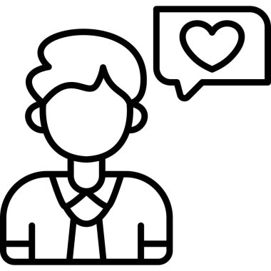 Nişan Simgesi. Kalp konuşma baloncuğu olan bir adamın çizimi.