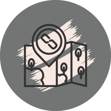 Bir bağlantı veya zincir sembolü gösteren konum broşlu katlanmış bir harita içeren seyahat ve gezinme grafikleri.