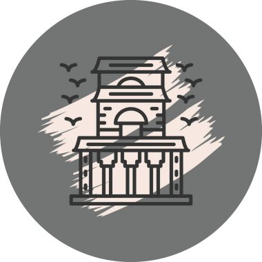 Drawing of historic building with birds