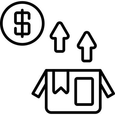 Dolar sikkesi ve yukarı bakan oklarla açık karton kutunun minimalist simgesi kar büyümesini, artan maliyetleri veya ürün değeri artışını temsil ediyor.