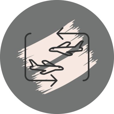 Dairesel çerçevede ünlem işareti olan bir uçağın basit bir çizgi çizimi, seyahat uyarıları veya uçuş durumu bildirimleri için uygundur.