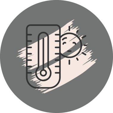 İç sıvı sütuna sahip dikey termometre, ışınlı güneş sembolünün yanında duruyor. Uygulama için uygun simge.