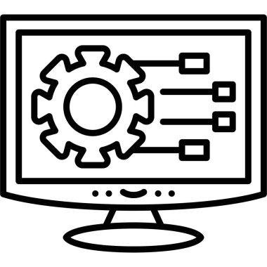 Bağlantı düğümleri olan mekanik bir teçhizatı gösteren bilgisayar monitörü simgesi, sistem ayarı uygulamaları veya teknik yapılandırma web sayfaları için uygundur.