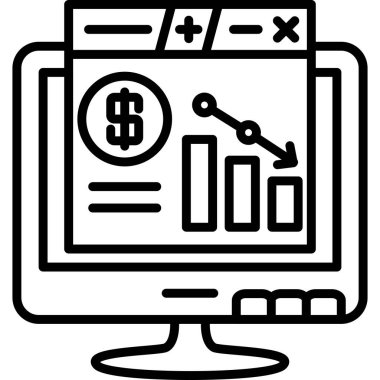 Finans paneli, dolar sembolü, bar grafiği ve ekonomik kaybı gösteren aşağı yönlü eğilim okuyla muhasebe yazılım arayüzünü gösteren bilgisayar monitörü