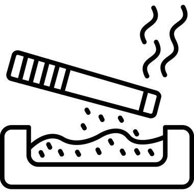 Kül tablasının üzerinde yükselen duman ve düşen kül ile yanan bir sigara tasvir eden minimalist çizgi simgesi.