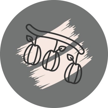 Üç stilize meyve dalda asılı.