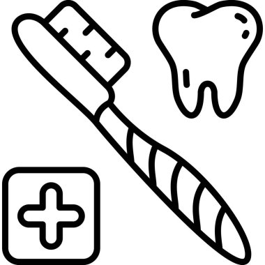 Diş fırçası, kapsamlı ağız sağlığı ve profesyonel diş sağlığını temsil eden sağlıklı insan dişi ve tıbbi haç sembolünün yanında yer alır..