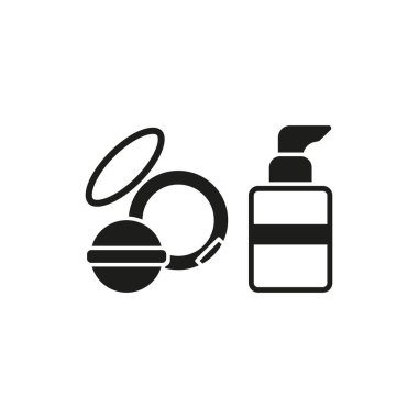 Pudra pudrası ve fondöten şişesi güzellik salonu ikonu vektörü vektörü temel tasarım basit ve modern konsept grafiğini ayarladı