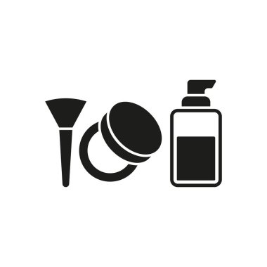Pudra pudrası ve fondöten şişesi güzellik salonu ikonu vektörü vektörü temel tasarım basit ve modern konsept grafiğini ayarladı