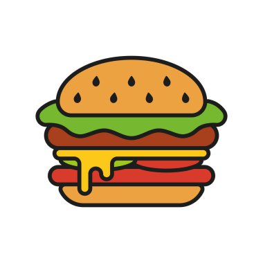 Hamburger ikonu canlı renkler ve neşeli titreşimlerle dolu neşeli bir çizgi film tarzıyla çizilmiş, çocuk dostu içerik, gündelik oyunlar ve eğlenceli markalaşma projeleri için uygun hale getiriyor.