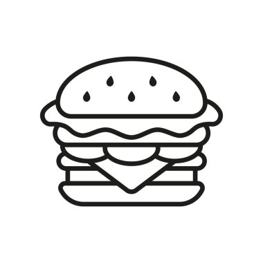 Hamburger ikonu canlı renkler ve neşeli titreşimlerle dolu neşeli bir çizgi film tarzıyla çizilmiş, çocuk dostu içerik, gündelik oyunlar ve eğlenceli markalaşma projeleri için uygun hale getiriyor.