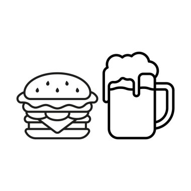 Temiz çizgiler ve minimalist estetiğe sahip gösterişli ve modern bir tasarımı olan bira içeceği ve hamburger yemek ikonu.,