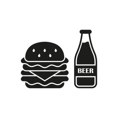 Temiz çizgiler ve minimalist estetiğe sahip gösterişli ve modern bir tasarımı olan bira içeceği ve hamburger yemek ikonu.,