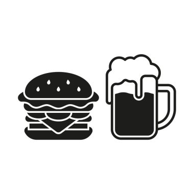 Temiz çizgiler ve minimalist estetiğe sahip gösterişli ve modern bir tasarımı olan bira içeceği ve hamburger yemek ikonu.,