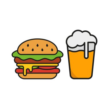 Temiz çizgiler ve minimalist estetiğe sahip gösterişli ve modern bir tasarımı olan bira içeceği ve hamburger yemek ikonu.,