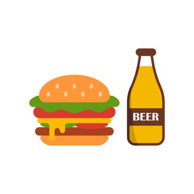 Temiz çizgiler ve minimalist estetiğe sahip gösterişli ve modern bir tasarımı olan bira içeceği ve hamburger yemek ikonu.,
